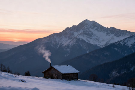 Mountain hut with smoking chimney in the mountains at sunset.の素材
