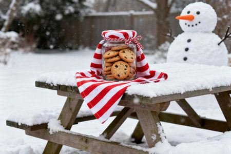 Cookies in a glass jar on a wooden bench in the snowの素材