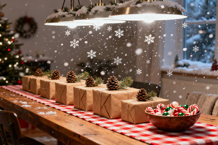 Christmas gifts and candy canes on wooden table with snowflakesの素材