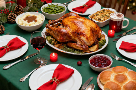 Christmas table setting with roasted turkey, mashed potatoes, baked beans, cranberry sauce, baked beans, baked turkey, served with festive decorationsの素材