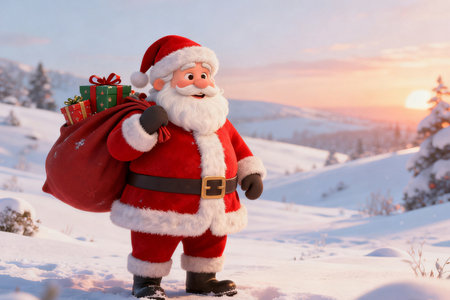 Santa Claus with a bag of gifts in the mountains. Christmas and New Year concept.の素材