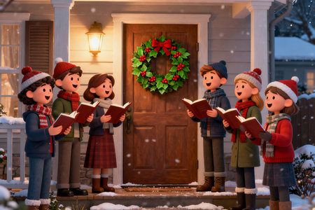 Group of kids reading a book in front of a door at Christmas timeの素材