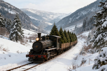 Vintage steam locomotive in the mountains at winter time. Carpathians, Ukraineの素材