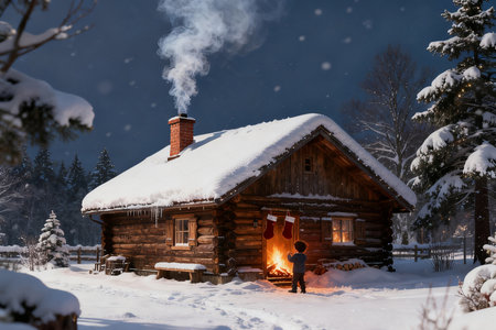 Merry Christmas and Happy New Year! Man and woman in winter forest with chimney.の素材