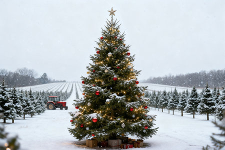 Beautiful Christmas tree decorated with red baubles on a snowy fieldの素材