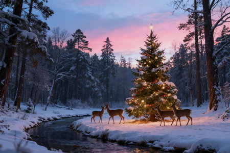 Christmas tree and deers in the snowy forest. Beautiful winter landscape.の素材