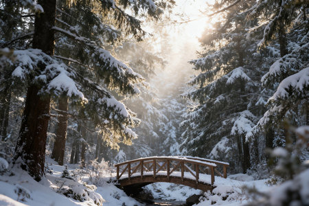 Wooden bridge in the winter forest with sunbeams and fogの素材