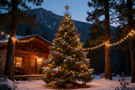 Christmas tree in the mountains at night with lights and snowflakesの素材