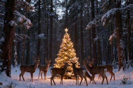 Beautiful winter landscape with Christmas tree and deer in the forest.の素材
