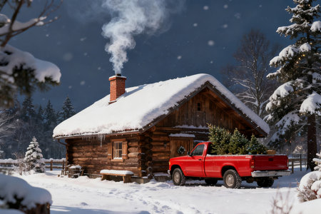 Old red car with chimney and chimney in winter landscape.の素材
