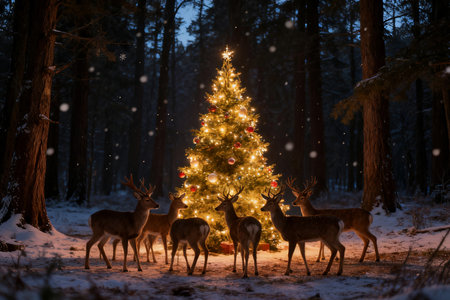 Beautiful Christmas tree in the forest at night with deers.の素材