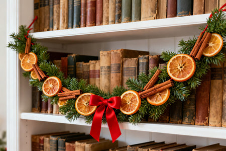 Christmas wreath of dried oranges, cinnamon sticks and spruce branches on the bookshelfの素材