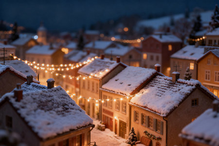 Christmas and New Year holidays background with houses covered with snow at nightの素材