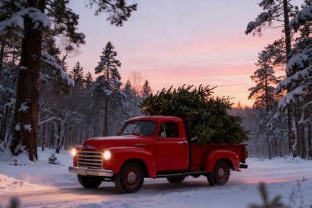 Old red pickup truck with christmas tree in winter forest at sunsetの素材