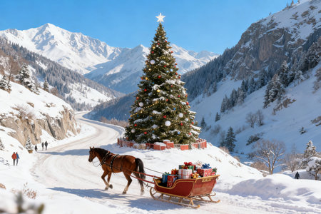 Horse-drawn sleigh with gifts and Christmas tree in the mountainsの素材
