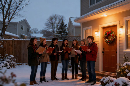 Group of students reading books in front of their home on Christmas eveの素材