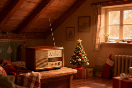 Vintage radio in room with christmas tree and presents on backgroundの素材