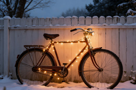 Bicycle with glowing garland on a wooden fence in winter.の素材