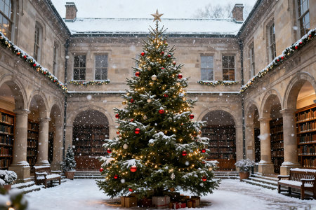 Christmas tree in front of the library, covered with snow and iceの素材