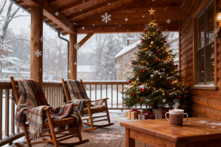 Christmas tree on the porch of a wooden house with a rocking chairの素材