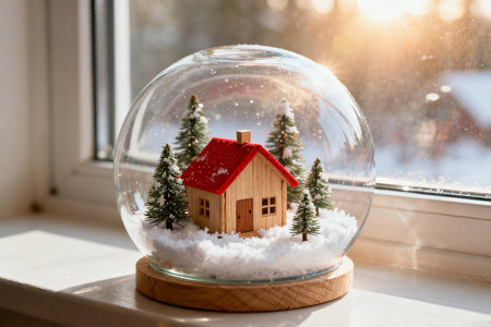 Christmas snow globe with house on the windowsill. Christmas decor.の素材