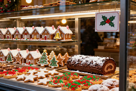 Christmas gingerbread cookies in the store window. Christmas and New Year backgroundの素材
