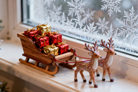 Wooden reindeer with christmas gifts on the windowsillの素材