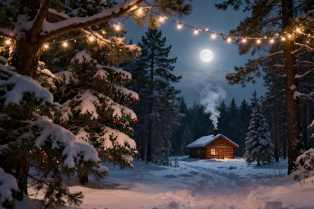 Winter night in the Carpathian mountains. Wooden house on the background of the moon.の素材