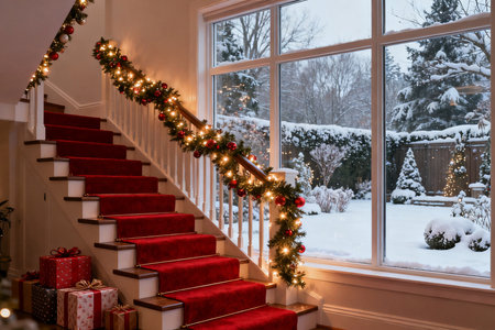 Christmas decorations on the stairs of the house in winter. Christmas tree, gifts and lights.の素材