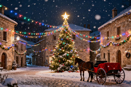 Horse-drawn carriages and Christmas tree in the old town.の素材