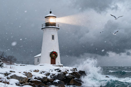 Winter landscape with snowfall and lighthouse on the rocky shore of the seaの素材