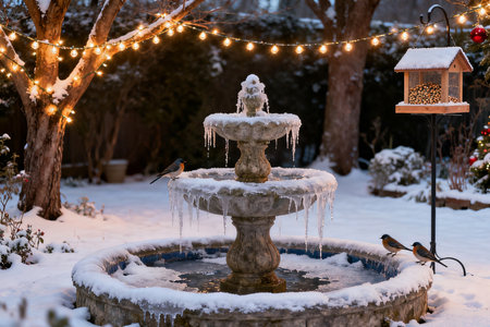 Fountain with birds at night in the park. Winter landscape.の素材