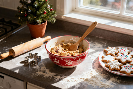 Bowl of oatmeal cookies with raisins and christmas tree on backgroundの素材