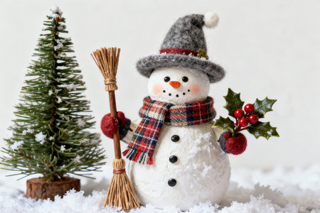 Snowman with a broom and a Christmas tree on a white backgroundの素材