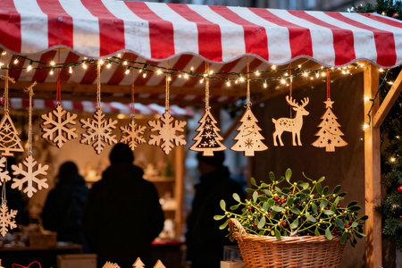 Christmas market in Paris, France. Decorated with snowflakes and holly berries.の素材