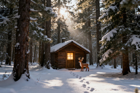 Beautiful winter landscape with a wooden hut and a deer in the forest.の素材