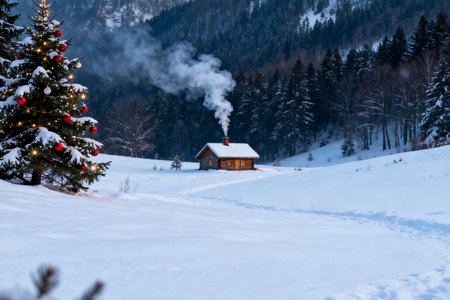 Beautiful winter landscape in the mountains with a Christmas tree and a chaletの素材