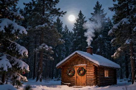 Wooden house in the winter forest at night. Christmas background.の素材