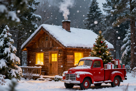 Vintage red car with christmas tree on roof in winter forest.の素材