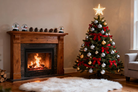 Christmas tree and fireplace in the living room at home. Christmas background.の素材