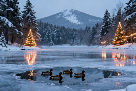Mallard ducks on a frozen lake with a Christmas tree in the backgroundの素材