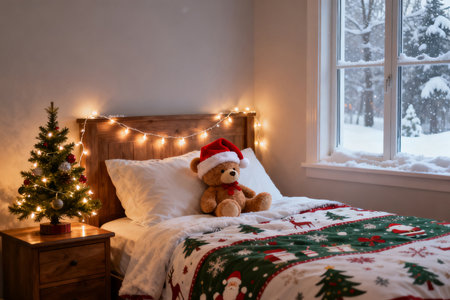 Christmas tree and teddy bear on a bed in a room with a windowの素材