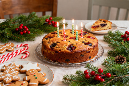 Christmas cake with candles and gingerbread cookies on a wooden table. Selective focus.の素材