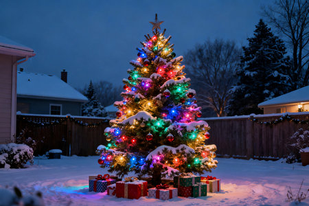 Christmas tree with colorful lights and gift boxes in the backyard of a houseの素材