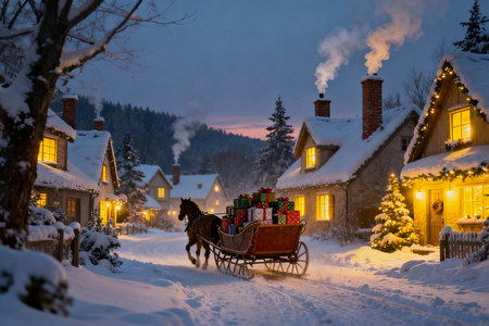Santa Claus in a sleigh pulled by a horse in a snowy village.の素材