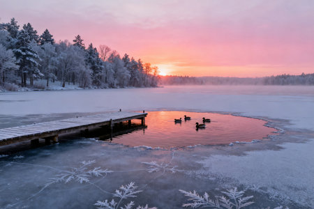Winter landscape with frozen lake and wooden pier at sunset, Finland.の素材