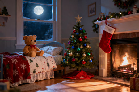 Christmas and New Year holidays concept. Teddy bear sitting on the bed in front of the fireplaceの素材