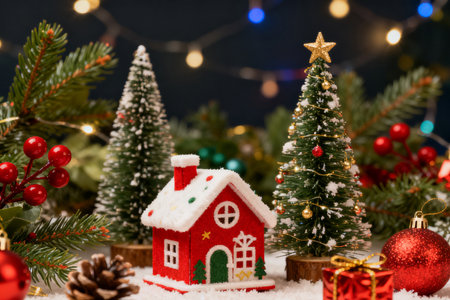 Christmas decoration with gingerbread house and fir tree on bokeh backgroundの素材