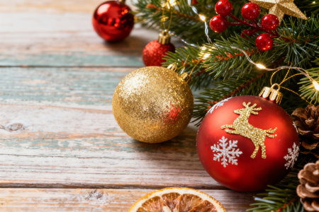 Christmas tree branch with red and gold baubles on wooden backgroundの素材