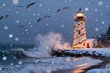 Christmas light house on the beach in winter with snowflakes.の素材